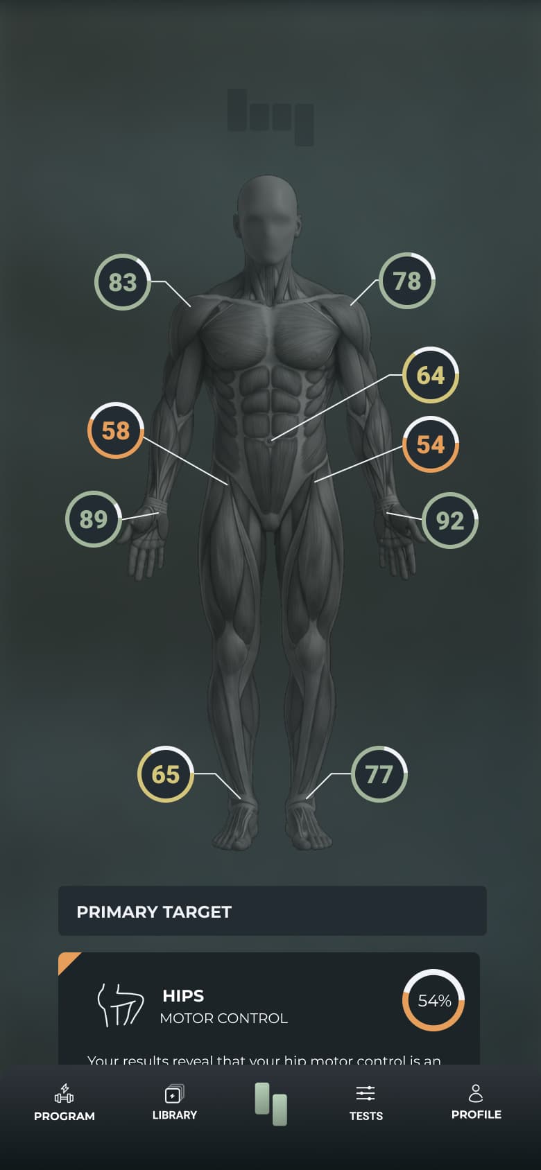 Aplicativo Deep: silhueta interativa mostrando as pontuações por zona muscular